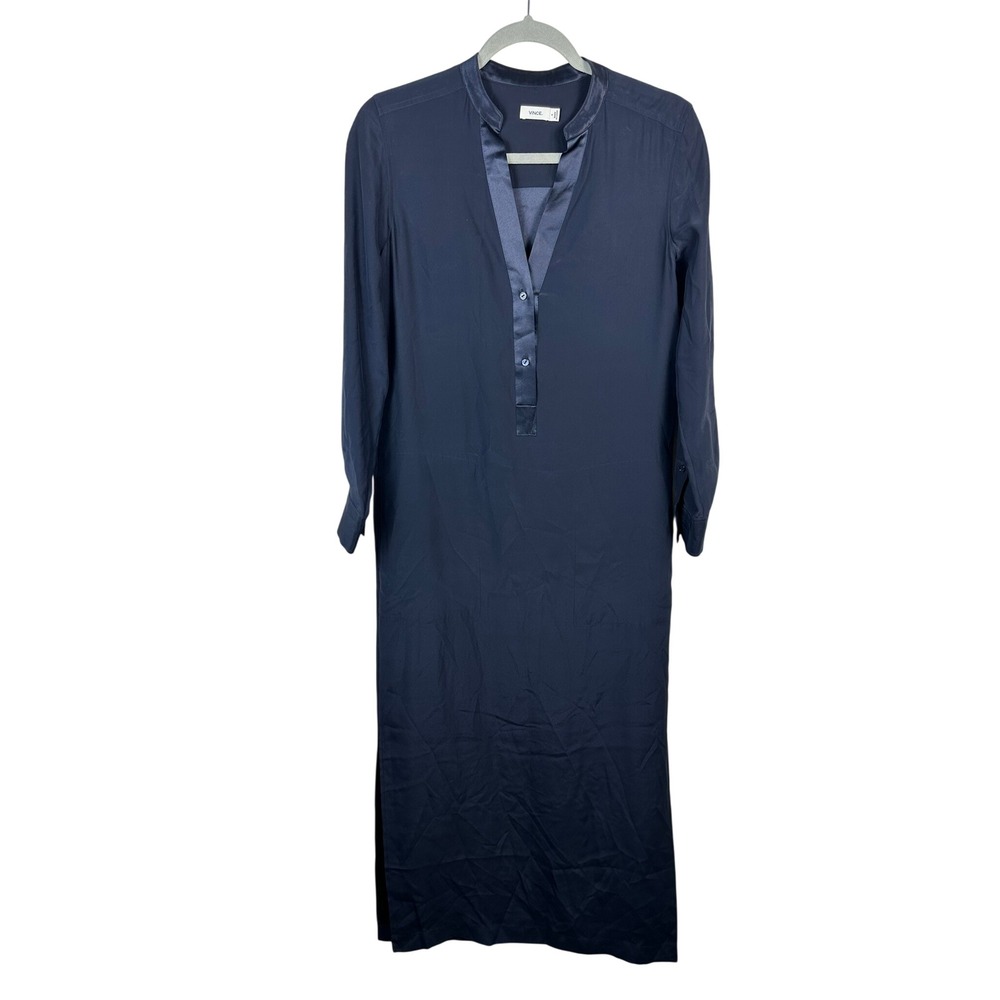 Vince Silk Maxi Shirtdress Womens 0 Navy Blue Excellent Satin Trim Long Sleeve